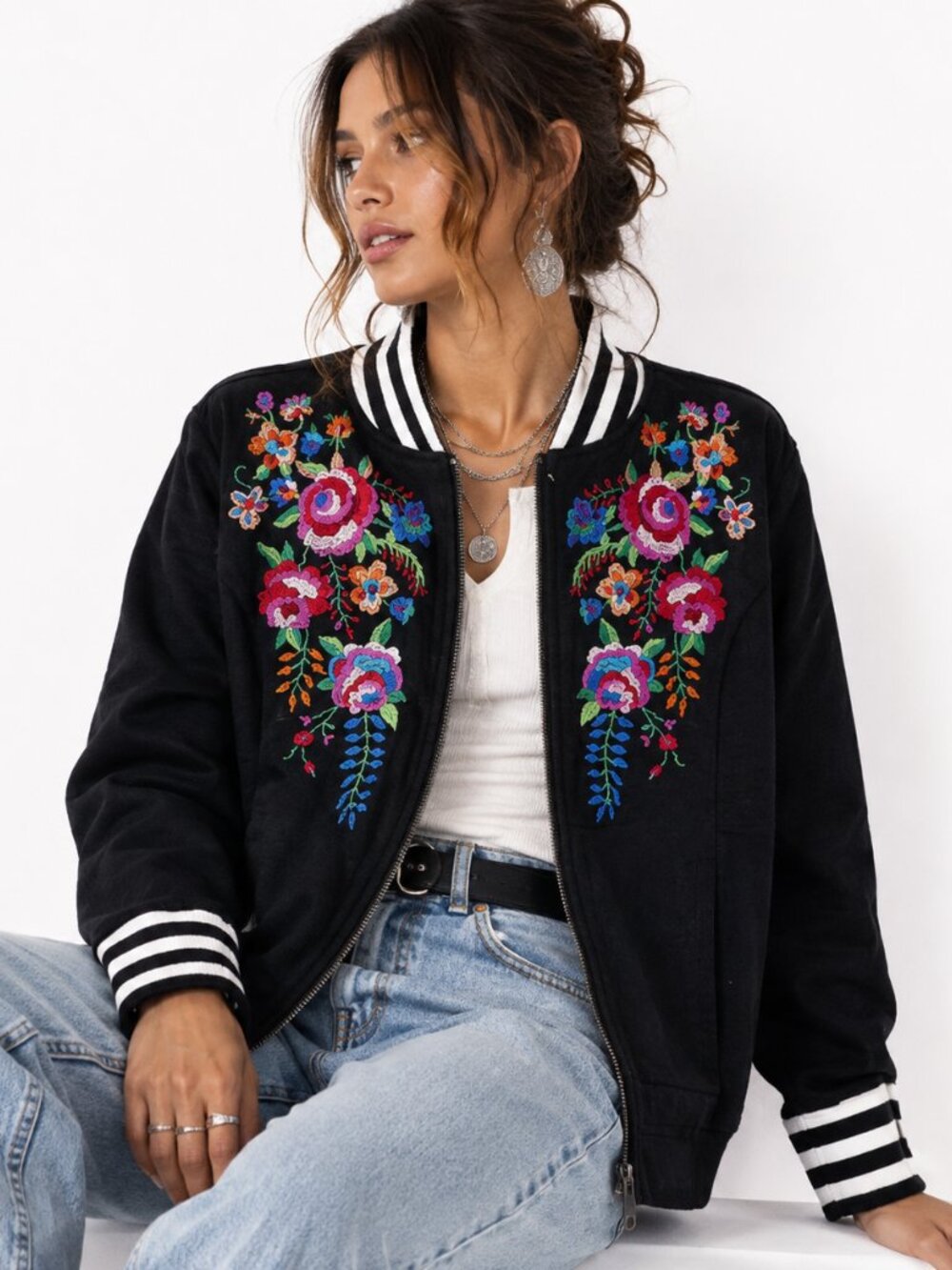 Linea Louis Dell'Olio Bomber Jacket Womens S Embroidered Floral Zip Front Boho